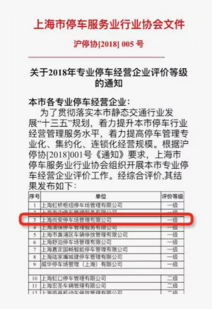 尚安停车蝉联一级专业停车经营企业